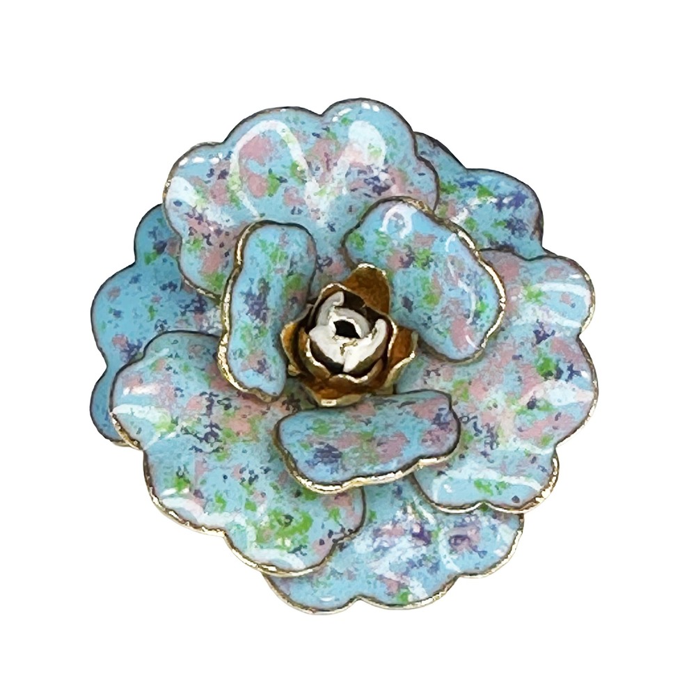VINTAGE Enamel Flower Brooch & Clip-on Earrings Set • blue, pink, green - Picture 2 of 5